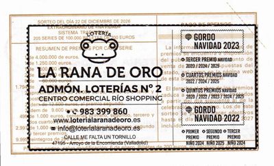 Reverso del d&eacute;cimo 99319 con el sello de la Administraci&oacute;n n&ordm; 2 &laquo;La Rana de Oro&raquo; (C.C. R&iacute;o Shopping), en Arroyo de la Encomienda